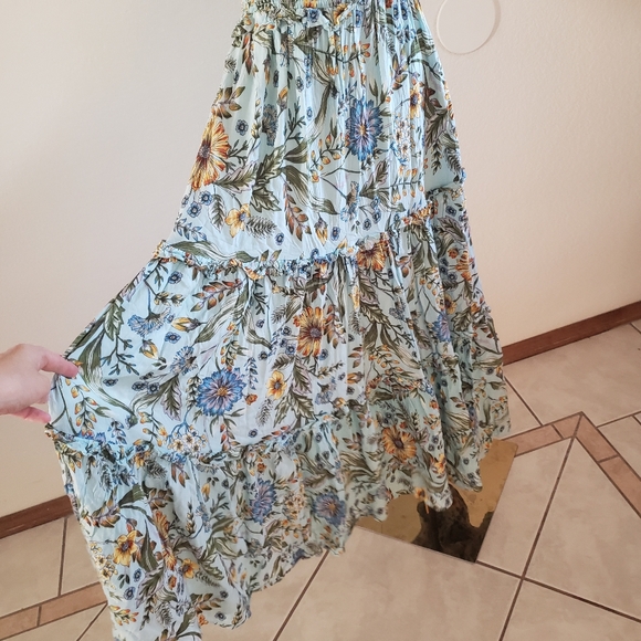 Anthropologie Abel the Label Floral‎ Blue Maxi Dress Shirred top Tiered Skirt M - Picture 4 of 9